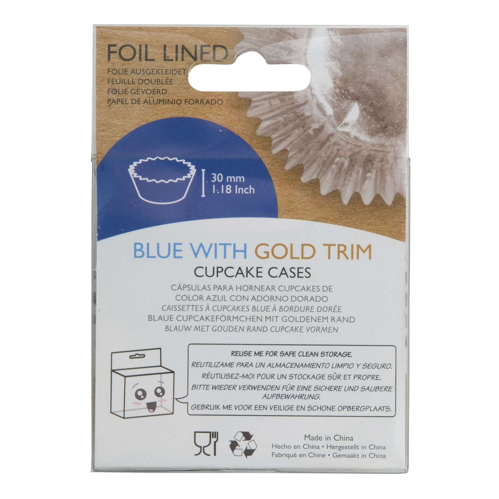 Cupcake Vormpjes Folie Gevoerd - Blauw met Gouden Folie Rand Pk/30