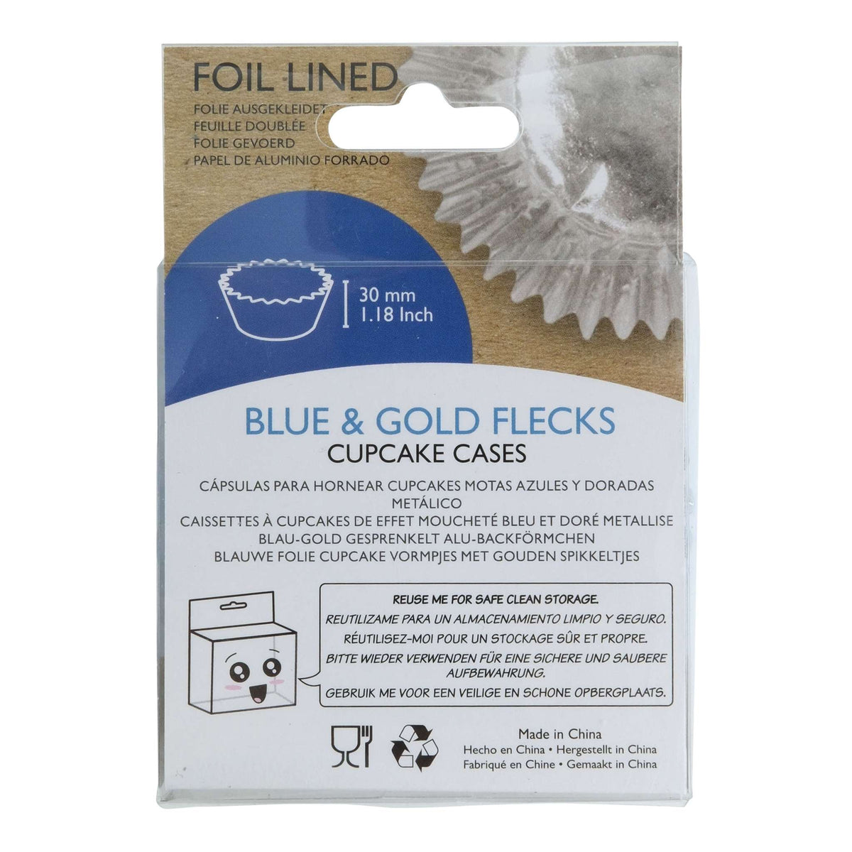 Caissettes à Cupcakes Doublées de Feuille - Bleu & Paillettes Dorées (pack de 30)