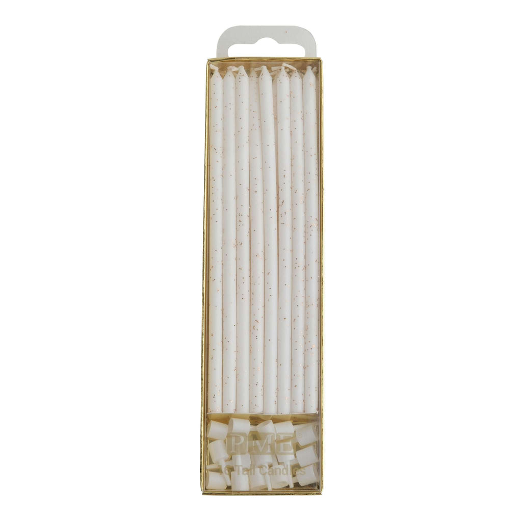 White Glitter Tall Candles Set Of 16