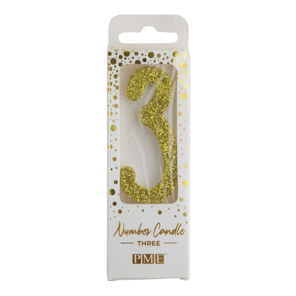 Gold Glitter Number Three Candle