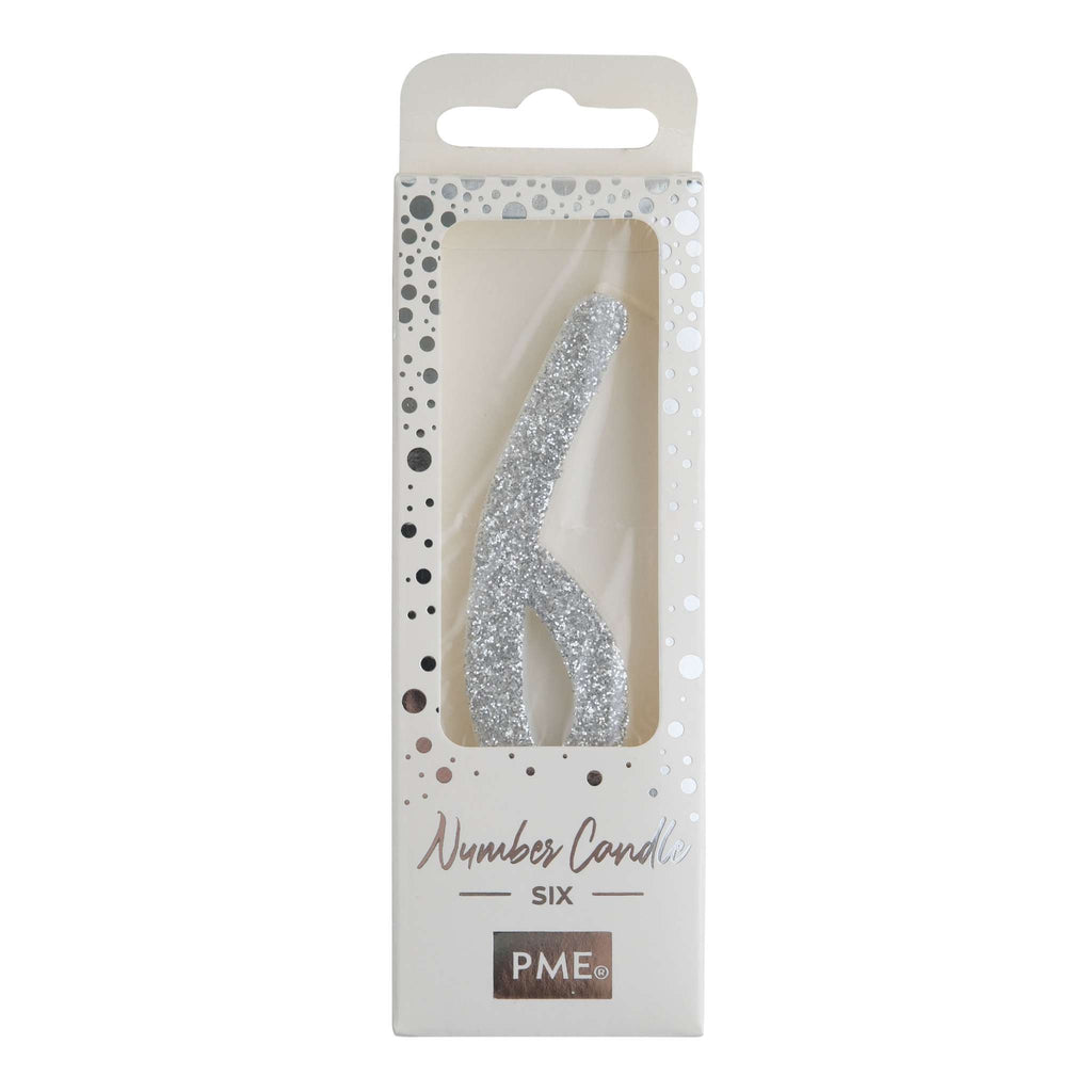 Silver Glitter Number Six Candle