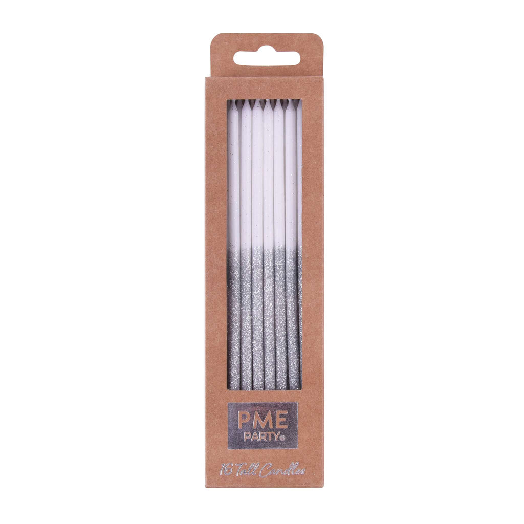 Silver Glitter Tall Candles Set Of 16