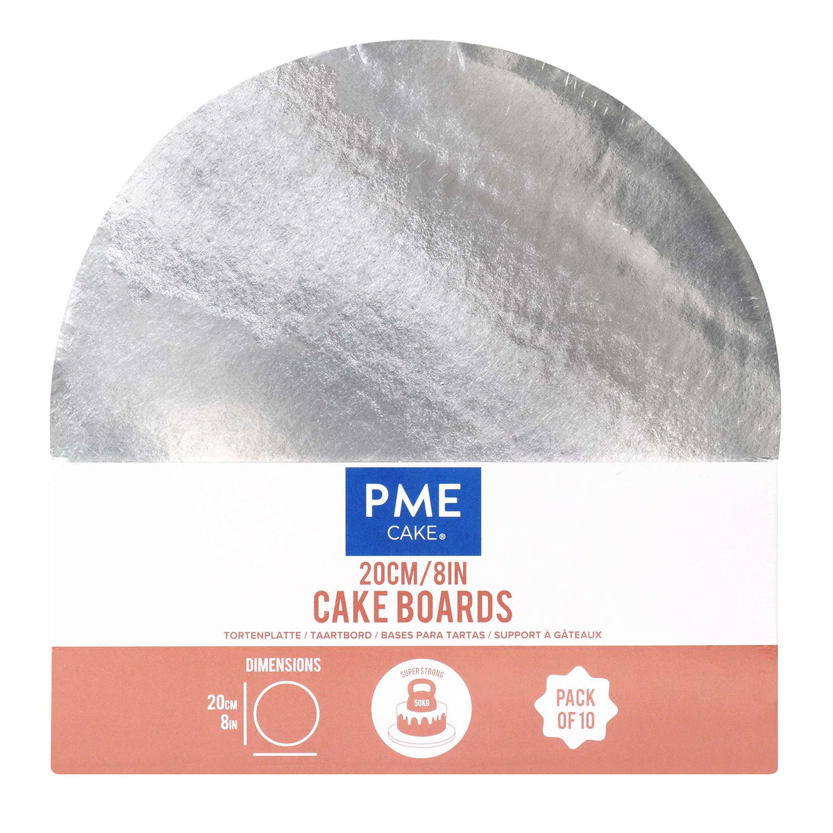 Set de 10 Cake Boards redondos para Tartas con bordes envueltos, Plata (8" / 20cm)