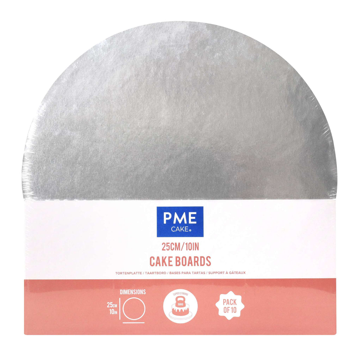 Set de 10 Cake Boards redondos para Tartas con bordes envueltos, Plata (10" / 25cm)