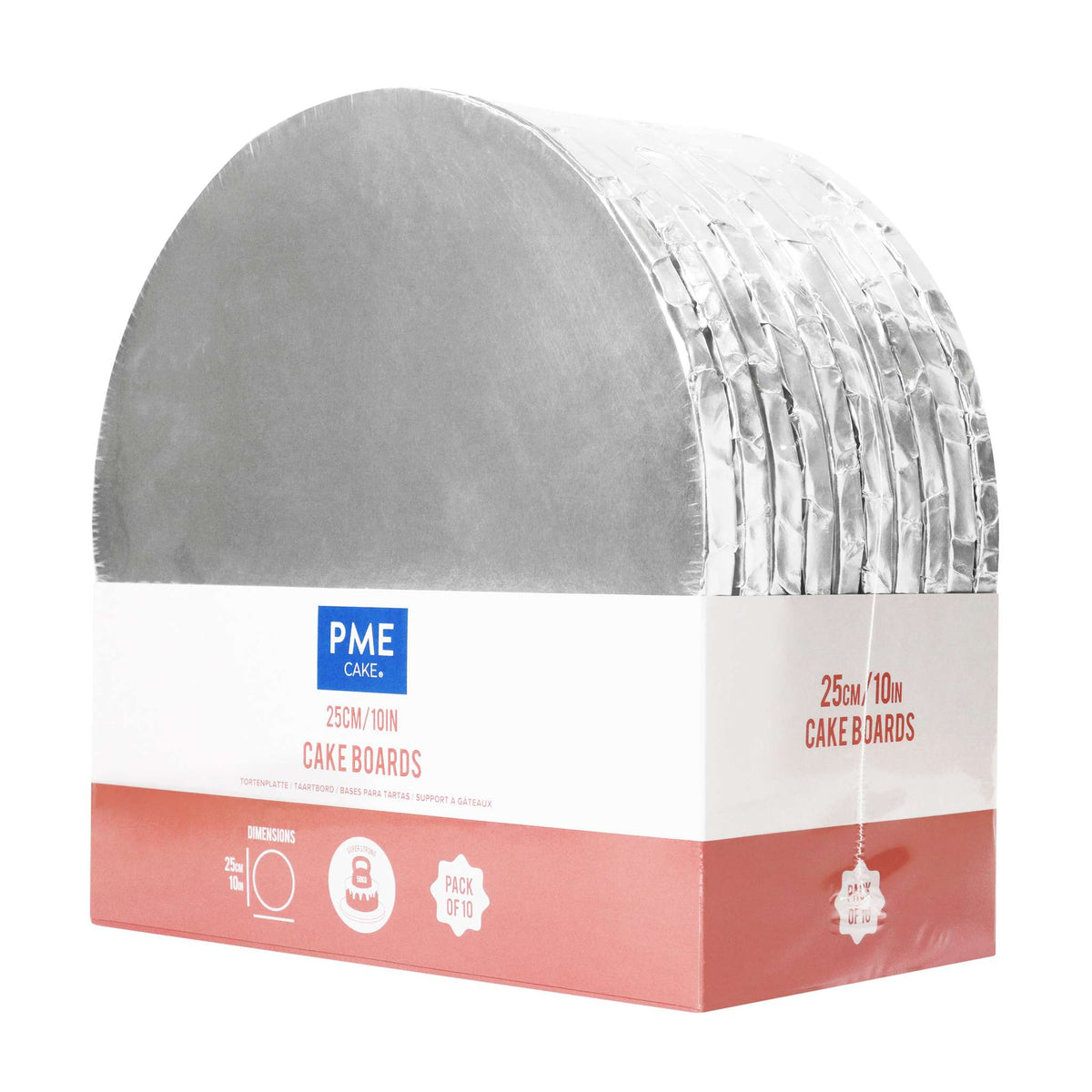 Set de 10 Cake Boards redondos para Tartas con bordes envueltos, Plata (10" / 25cm)