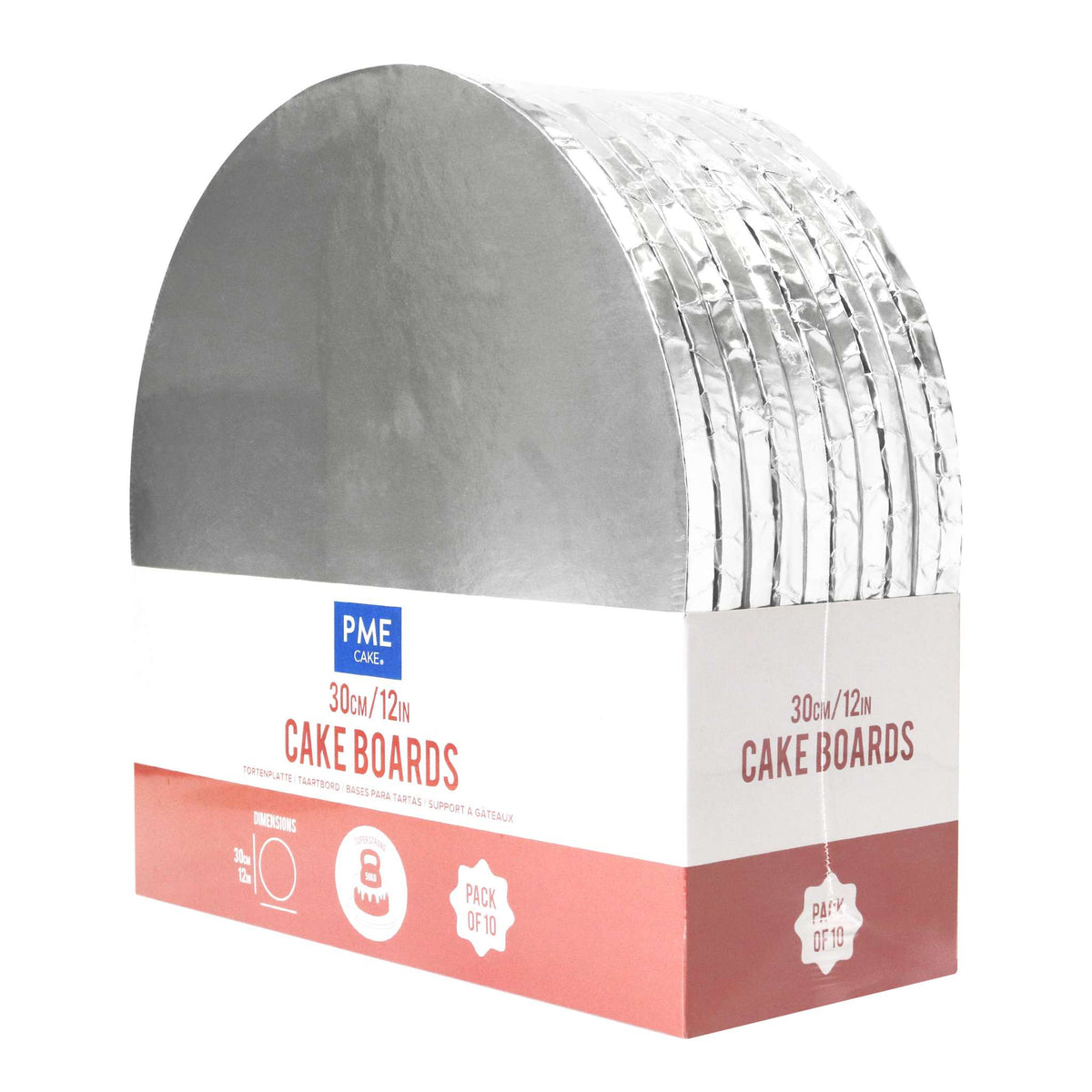 Set de 10 Cake Boards redondos para Tartas con bordes envueltos, Plata (12" / 30cm)