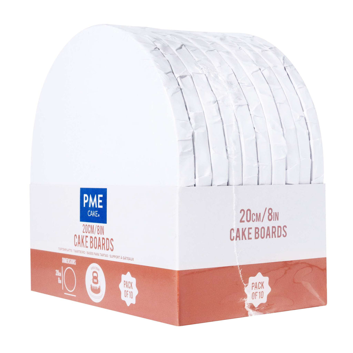 Set de 10 Cake Boards redondos para Tartas con bordes envueltos, Blanco (8" / 20cm)