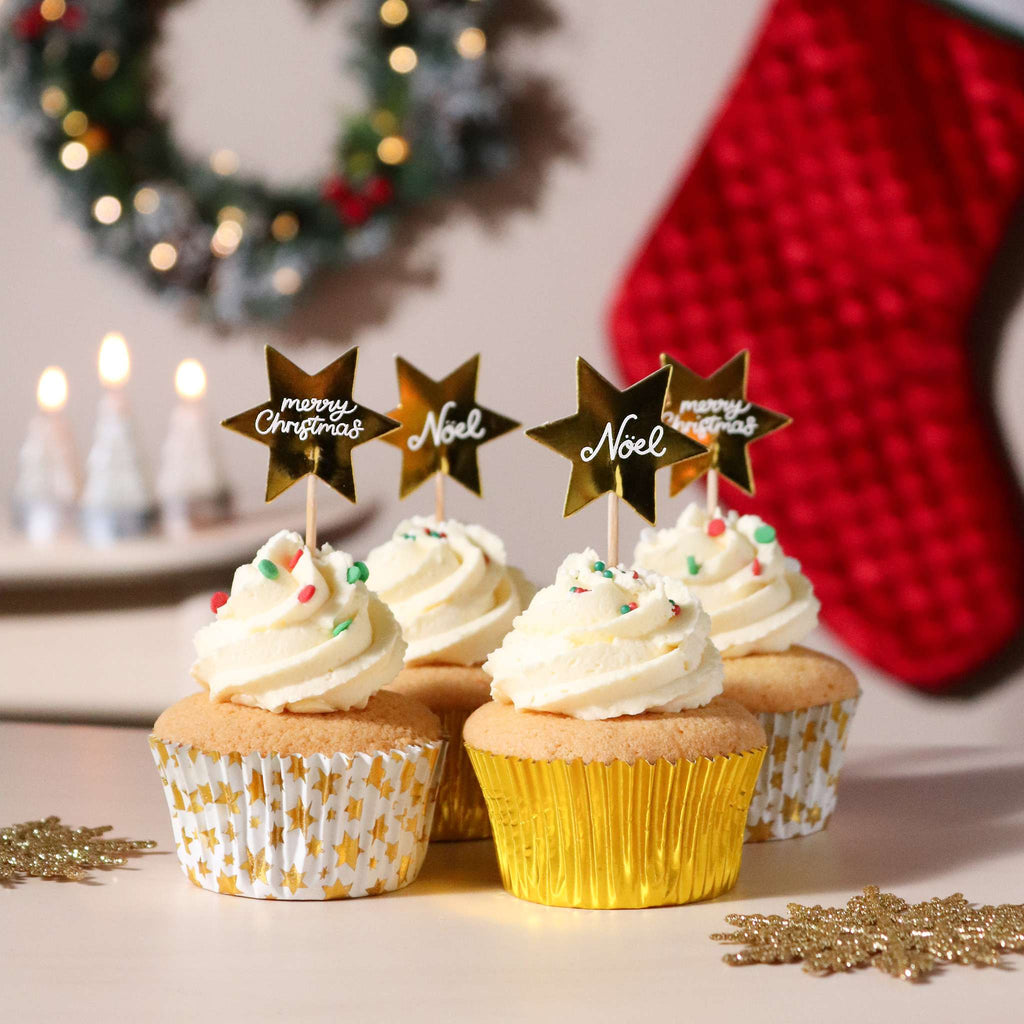 Navidad Set de 24 Cápsulas para Cupcakes y Toppers - Estrellas Doradas