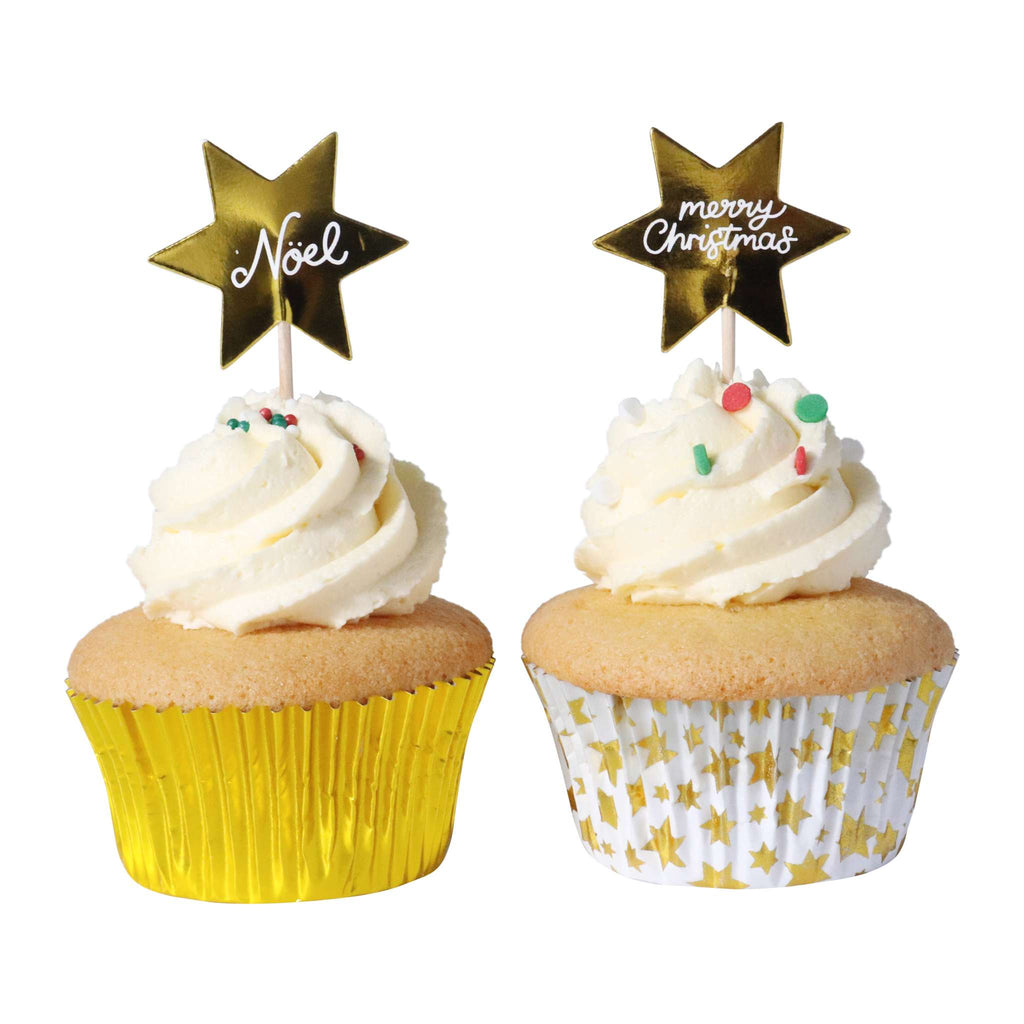 Navidad Set de 24 Cápsulas para Cupcakes y Toppers - Estrellas Doradas