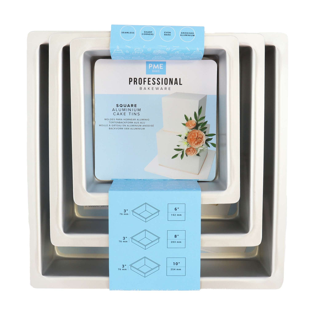 Square Aluminium Cake Tins Set Of 3 (6, 8, 10" x 3")